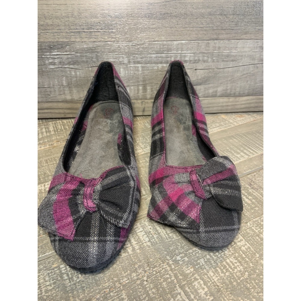 Candie's Big Girls Size 5 Plaid Heel Flats Slip On Shoes‎ Casual Bows Pink Black